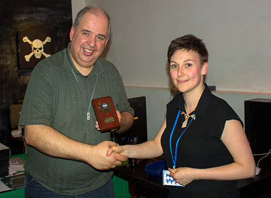 High Score Competition winner on Saturday, Martin Ayub, receives his award from Abi Ponton of sponsors Home Leisure Direct