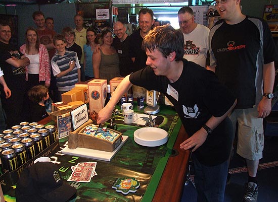 William Dutton cuts the pinball cake