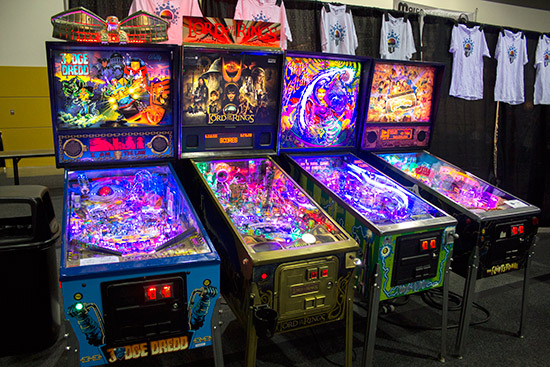 Four of the eleven highly modded games on the Pinball Bulbs stand, which included a Bride of Pinbot 2.0