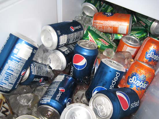 A variety of canned pops were available from two coolers