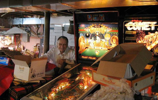 Steve Kordek in his pinball basement in 2003