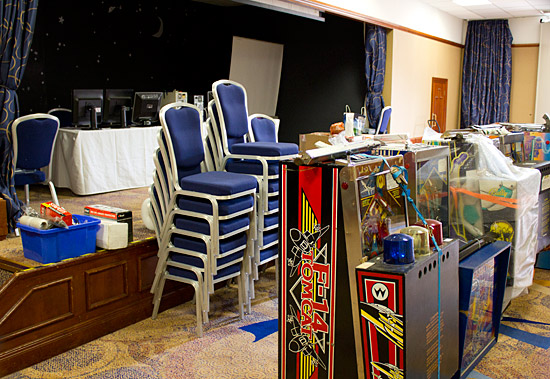 Computer systems on the stage with tournament games in front