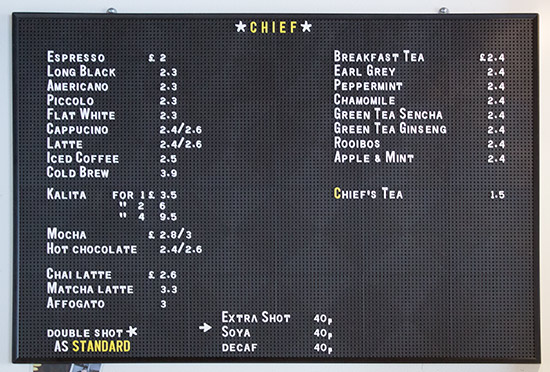 The coffee menu