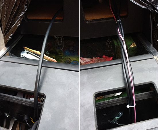 The monitor cable on the left, power and audio on the right