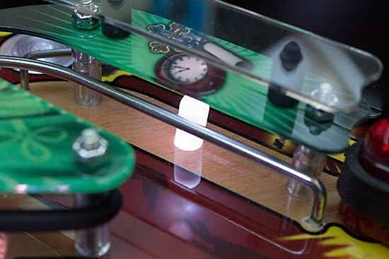 The right inlane ball guide features a clear plastic topper to help prevent bounce-overs