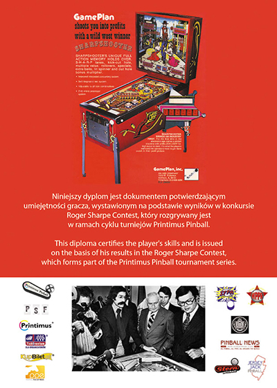 The back of the certificate featuring the game Sharpshooter and Roger in New York when the ban on pinball was overturned