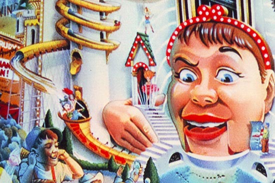 A woman's skirt blowing up on the front left passageway of the Funhouse building