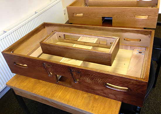 Trying a different type of stain and varnish on the oak prototype cabinet 