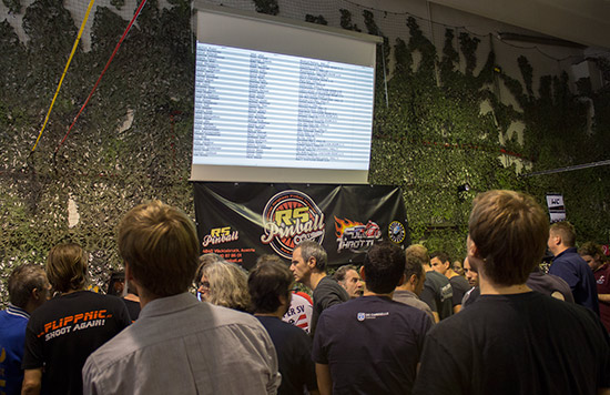 The first round of matches is shown on the projector screen in the main hall