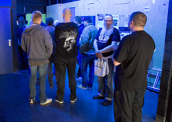 The short queue to enter the Belgian Open Pinball on Saturday morning