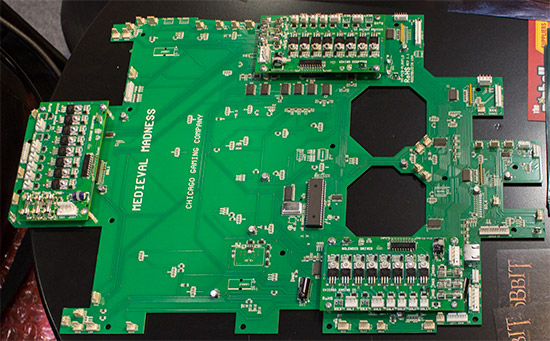 The playfield LED and switch input board and driver boards for Medieval Madness