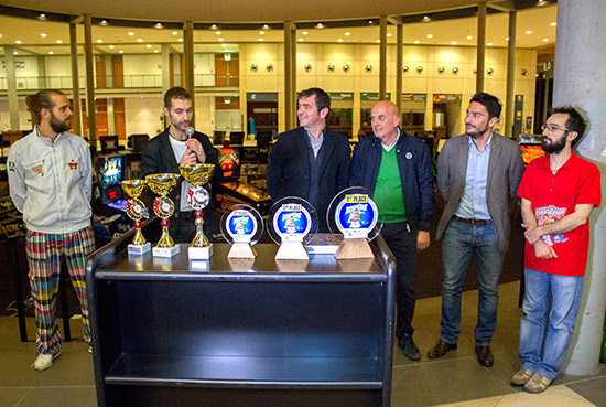 Alessio Crisantemi introduces the winners as Nicola and representatives of Tecnoplay, Fiera and the organisers congratulated them