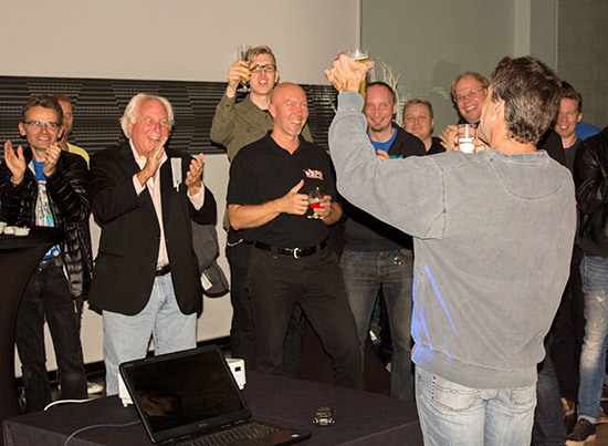 Lyman finishes his presentation and enjoys a well-earned beer
