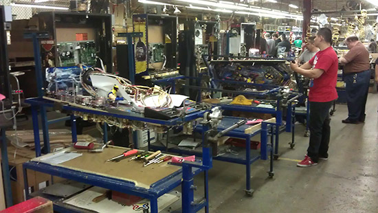 Completed playfields are pluged into sample backboxes for testing