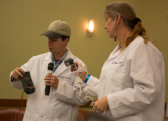 Ron with his multi-meter and Phoebe with the camera feeding the projection screen