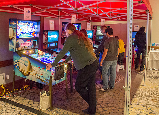 The VP Cabs stand had seven virtual pinball machines