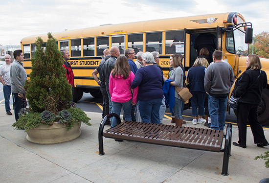 The first of the buses to take Expo guests to the Stern Pinball tour