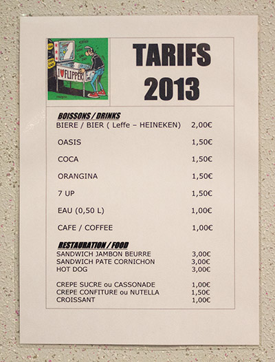 The price list for food and drinks