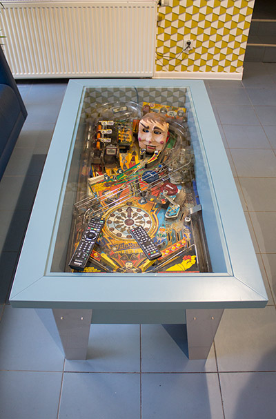 Rudy is also inside the coffee table in the lobby area