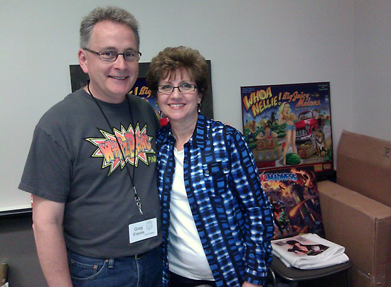 Greg Freres and his wife show off some Whoa Nellie backglasses
