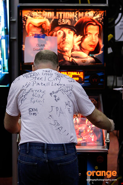 Former World Champion Bowen Kerins and his 'please sign it' shirt