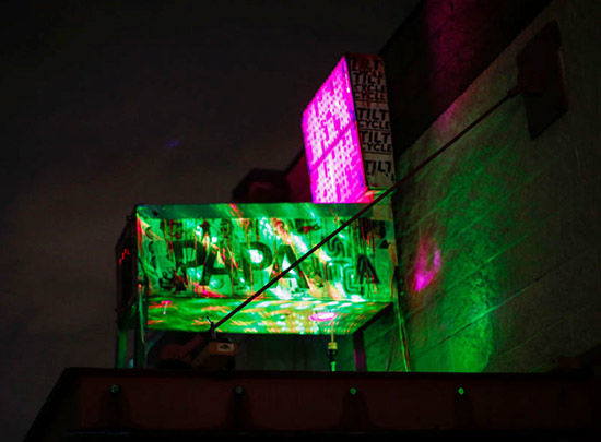 Dan Burfield's illuminated pinball art piece mounted above the PAPA entrance