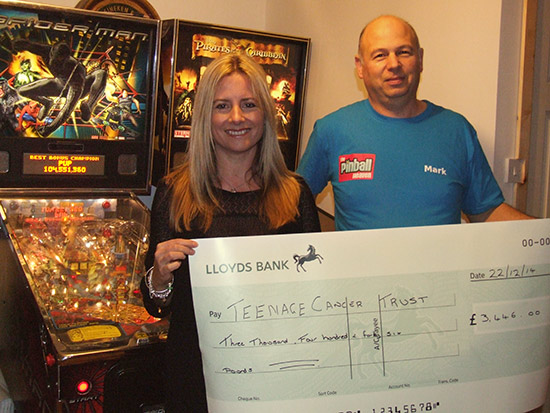 Mark Robinson presents a cheque for &pound;3,466 to the Teenage Cancer Trust