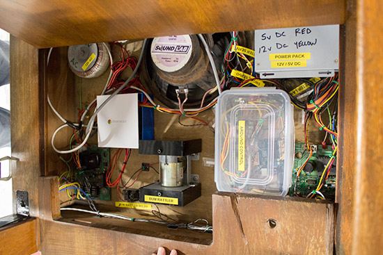 The circuitry and shaker motor under the chair's seat