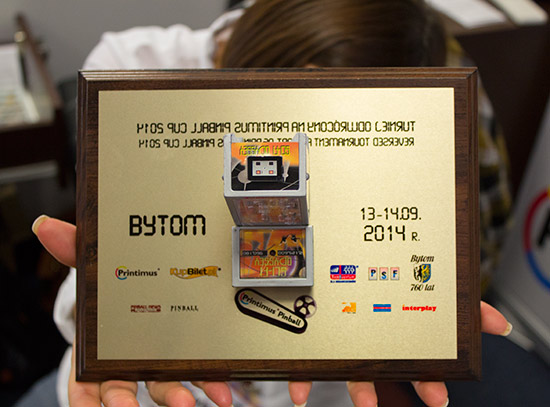 The plaque for the winner of the swapped flipper tournament
