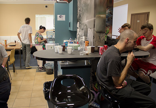 The kitchen area was next to the tournament desk