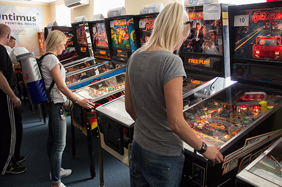 The Red Bull girls handed out cans of Red Bull and got to play a little pinball too