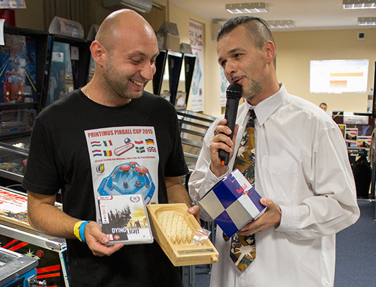Daniele receives a pack of Red Bull, a miniature wooden bagatelle and a copy of Dying Light