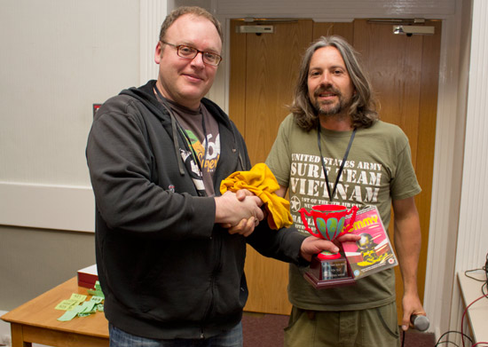 Psych Out winner Tom Hare receives his prizes from Ivan Durneen