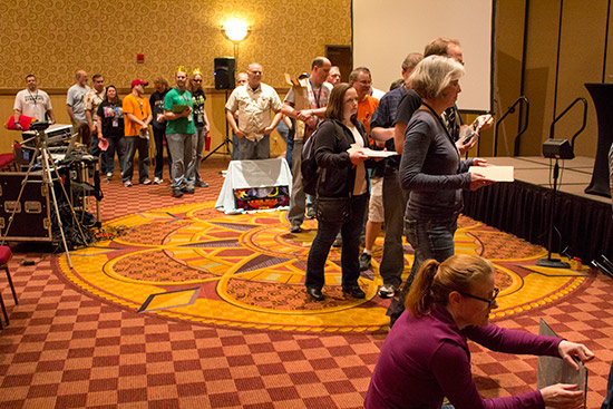 Show guests queue to get their translites, backglasses and flyers signed