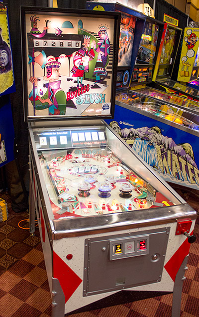 This Reverse Flush has a playfield sloping away from the player, reverse flippers and the score counted down rather than up