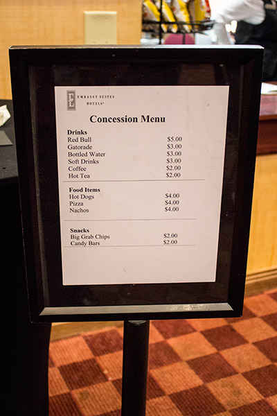 Prices at the snack bar