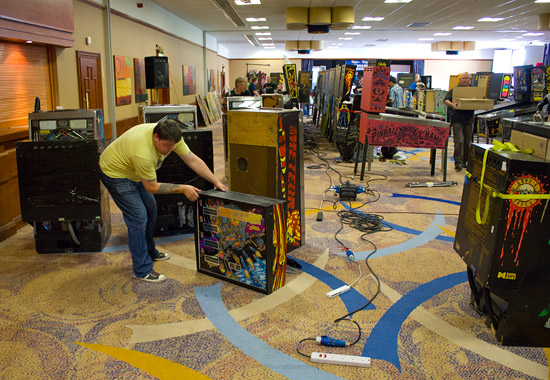 Machines are pulled into position and set up