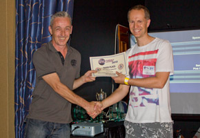 John Higgins collects the award for third place, Laura Nesbitt