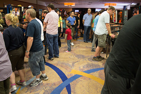 Looking down the centre of the two rows of machines