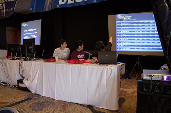 The tournament desk, staffed by Dawn, Anne, Emily and Timothy Raison