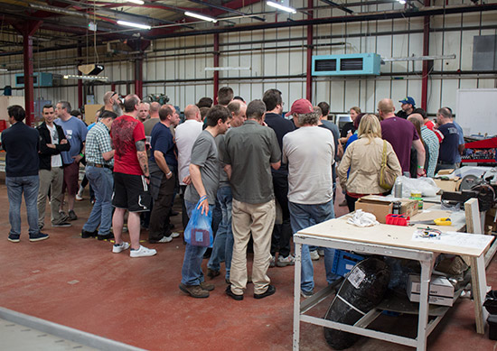 Guests assemble for the factory tour