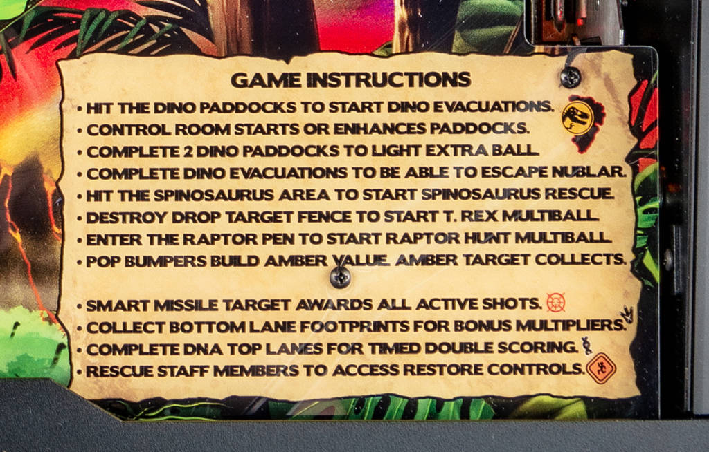 The rules card for Jurassic Park Pin