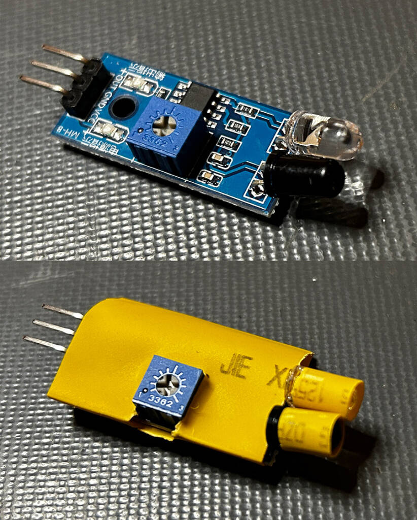 Heat shrink tubing around the IR transmitter and receiver, with un-shrunk tubing protecting the module too