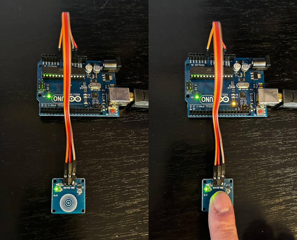 The yellow LED connected to the Digital 13 pin is lit when the sensor is touched, showing the Arduino sketch is working correctly
