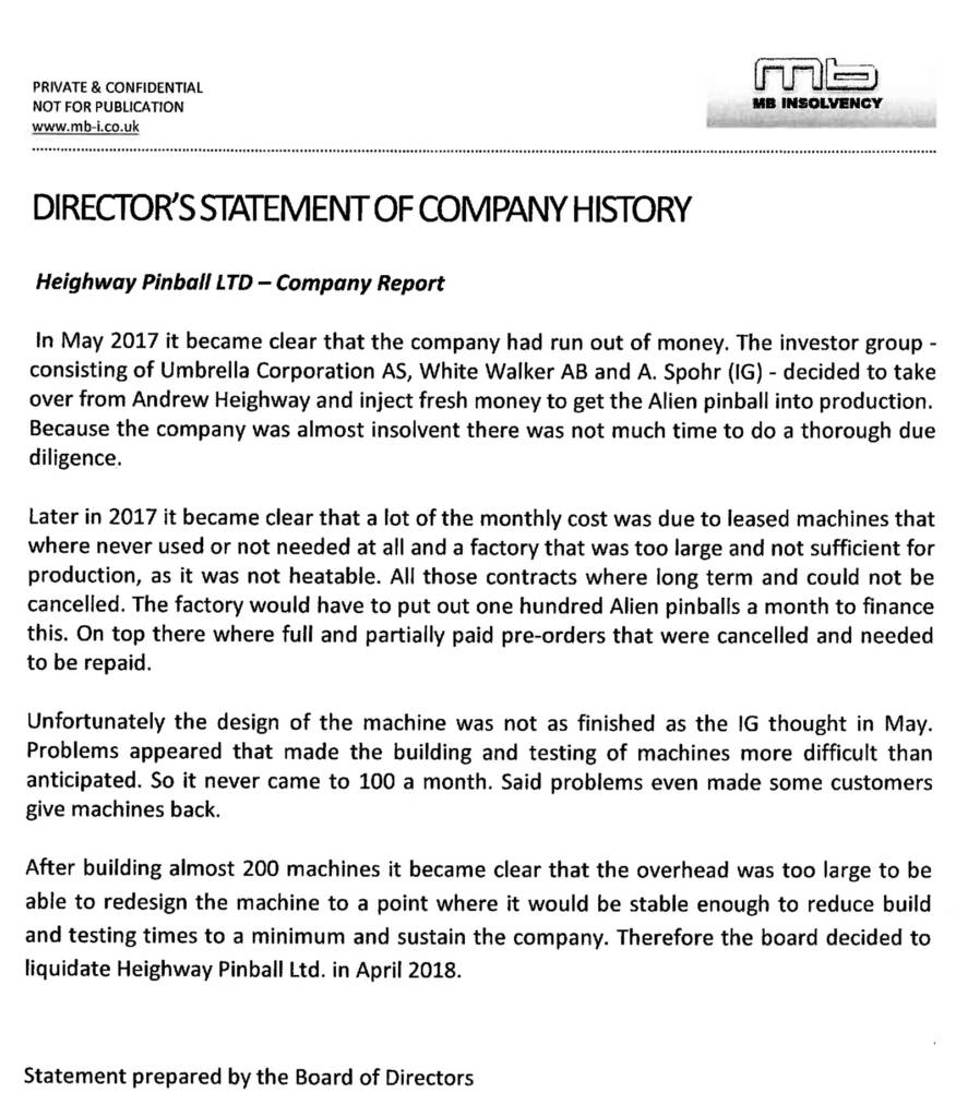 The Heighway Pinball liquidation letter sent to creditors