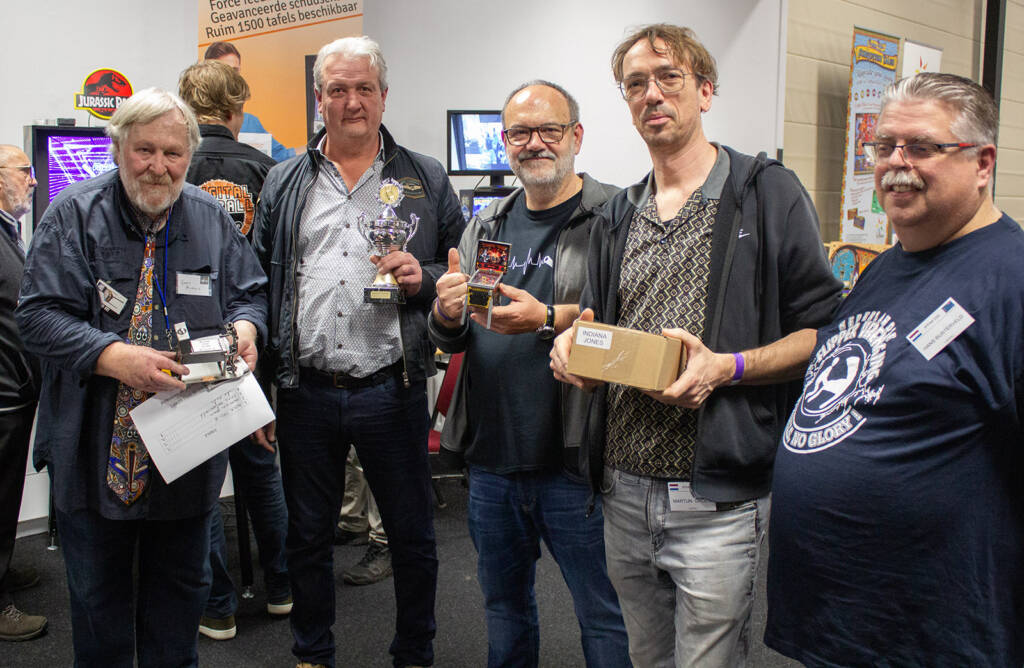 Guus Arens with the top four in the Veterans Digital Pinball Tournament; Peter (1st), Martyn (2nd), John (4th) and Hans (3rd)