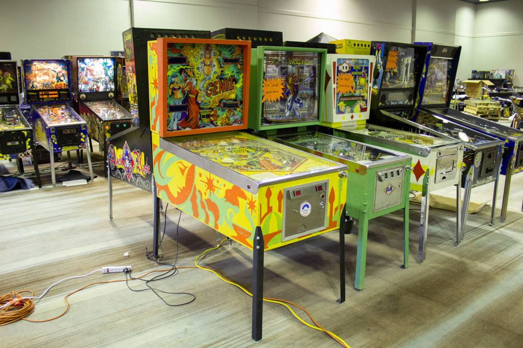 Some of the pinballs already set up at the show