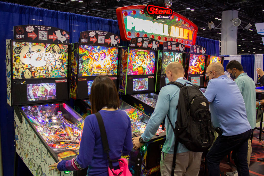 Led Zeppelin, The Avengers: Infinity Quest, Teenage Mutant Ninja Turtles, Jurassic Park, Deadpool and The Mandalorian in the Stern Pinball Alley