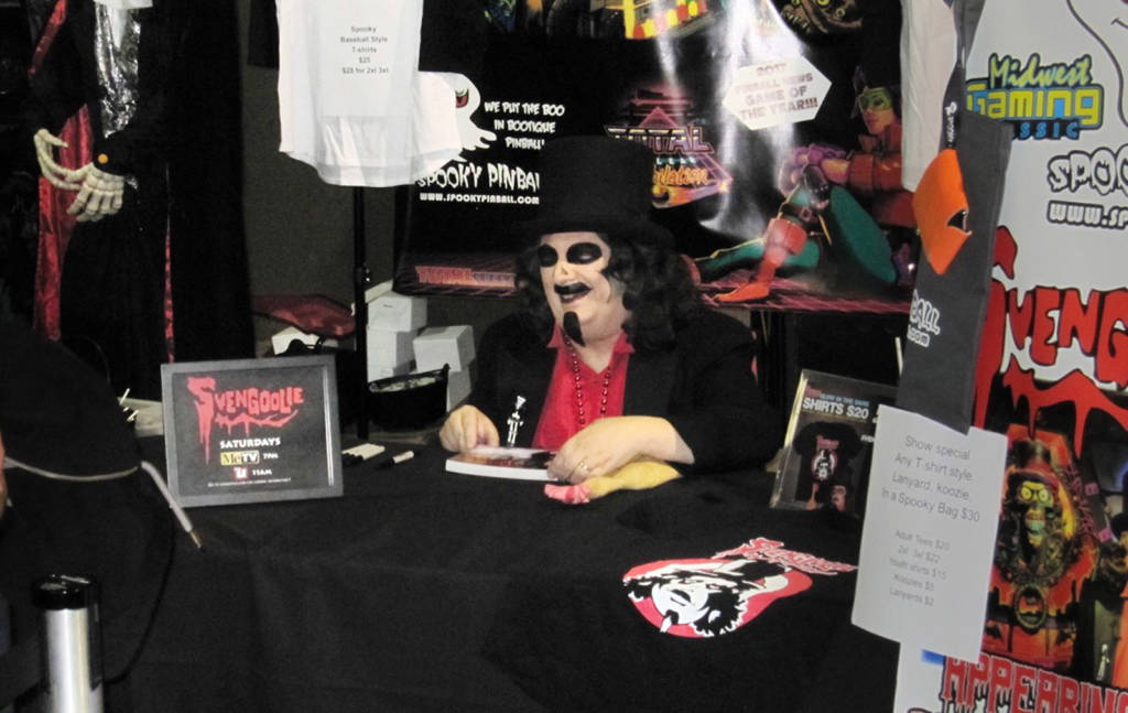 Chicago TV legend Svengoolie stops by the Spooky Pinball booth