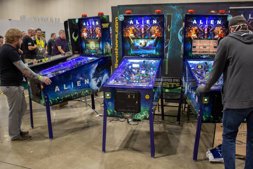 Four Alien pinballs on the Pinball Brothers stand